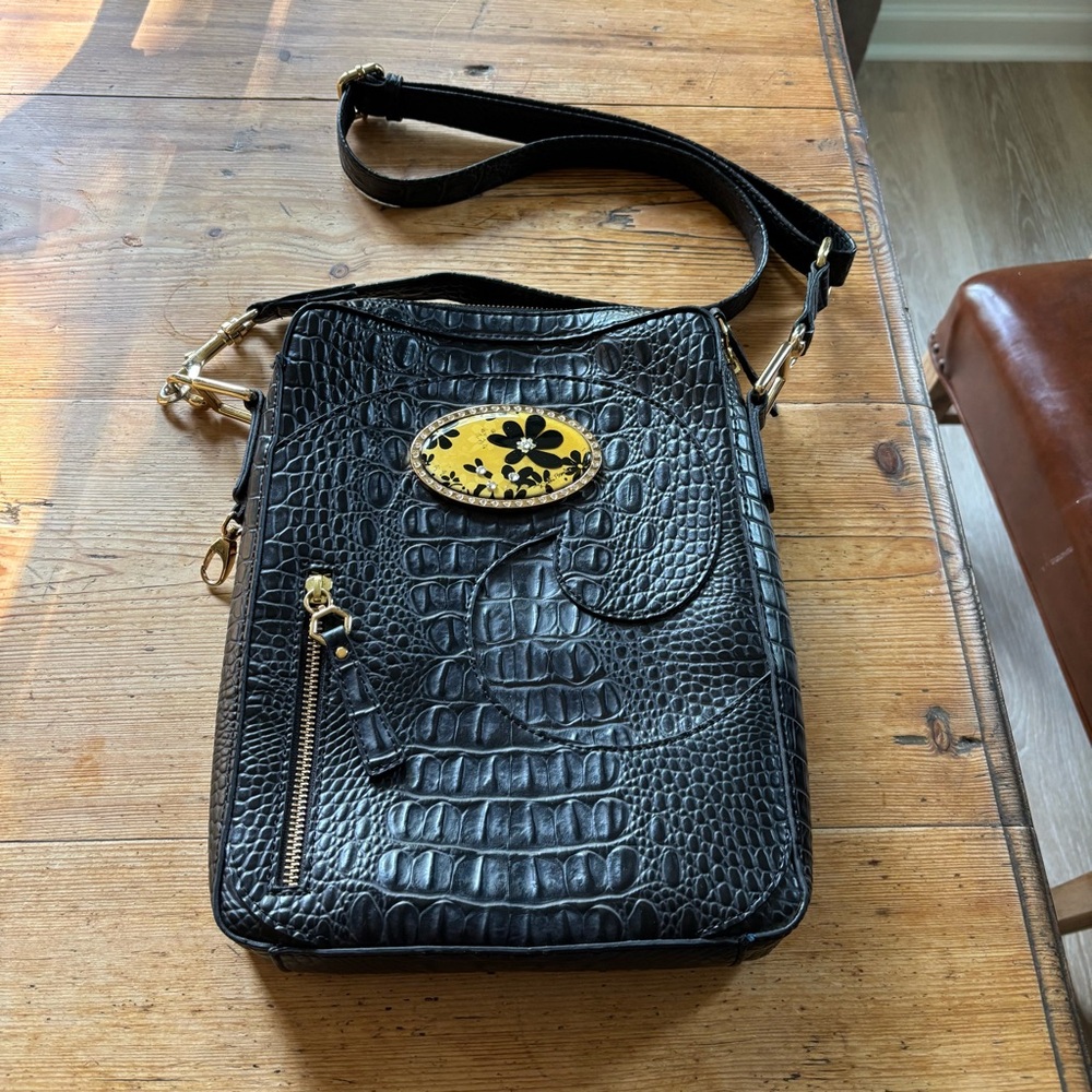 Black Croc-Embossed Crossbody Bag with Yellow Floral Accent